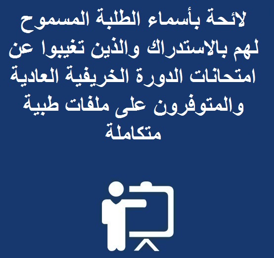 لائحة بأسماء الطلبة المسموح لهم بالاستدراك والذين تغيبوا عن امتحانات الدورة الخريفية العادية والمتوفرون على ملفات طبية متكاملة