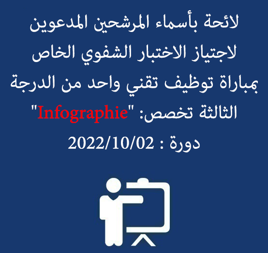 لائحة بأسماء المرشحين المدعوين لاجتياز الاختبار الشفوي الخاص بمباراة توظيف تقني واحد من الدرجة الثالثة تخصص: « Infographie » دورة : 2022/10/02